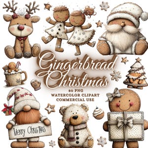 Puede incluir: Conjunto de imágenes prediseñadas de acuarela con personajes de pan de jengibre y elementos navideños. Incluye un reno, Papá Noel, hombrecitos de jengibre, un gnomo con un letrero, un oso de peluche y un regalo. El texto "Gingerbread Christmas" está presente.