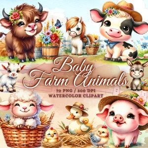 70 acuarela lindo bebé animales de granja clipart paquete, lindo bebé animales de granja png, bebé vaca clipart, bebé oveja clipart, bebé caballo clipart