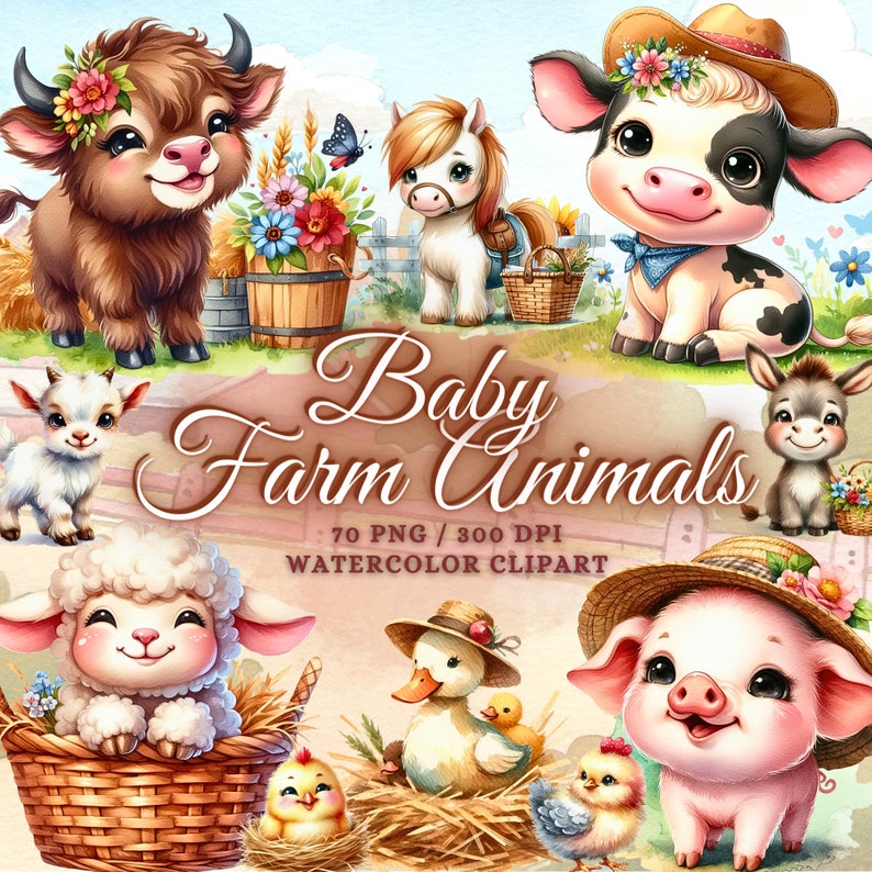 May include: Watercolor clipart set of baby farm animals. The set includes a brown and white cow, a brown and white horse, a brown and white pig, a white lamb, a white goat, a brown and white donkey, a yellow duck, and two yellow chicks. The animals are all depicted in a cute and cartoonish style. The set is perfect for creating invitations, cards, and other crafts.