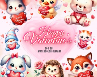 Cute Funny Watercolor Valentine Clipart Bundle Cute Valentine Heart Clip art Valentine Png Love Heart Clipart Valentines Cute Animal Clipart