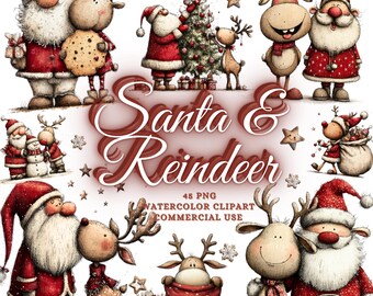 45 Whimsical Christmas Santa and Reindeer Clipart Bundle, Funny Quirky Santa and Reindeer  Png Bundle Watercolor Quirky Christmas Clipart