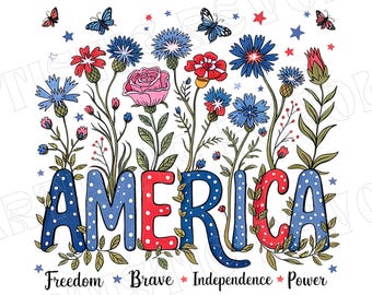 Floral America PNG, Floral Brushstroke USA Png, Retro America Png, 4th Of July PNG, 4th Of July Sublimation Design, Patriotic Png, Girly png