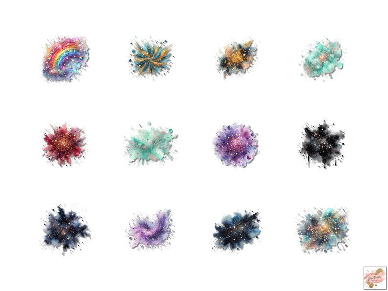May include: A collection of twelve watercolor illustrations featuring abstract, colorful designs. Each design is a unique burst of color, including rainbows, gold accents, and various shades of blue, green, red, and purple, all set against a white background.
