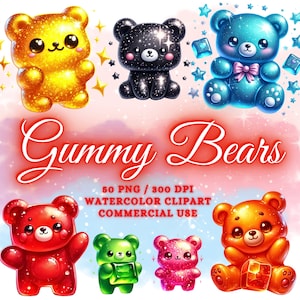 50 Cute Gummy Bears Clipart Bundle, Aquarela Baby Bears Clipart Bundle Kawaii Bear Png Bundle Cute Kawaii Clipart