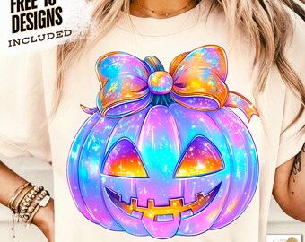 Neon Iridescent Halloween Pumpkin PNG Coquette Pumpkin Sublimation Design Cute Girly Spooky Pumpkin Shirt Neon Digital Download for Shirts