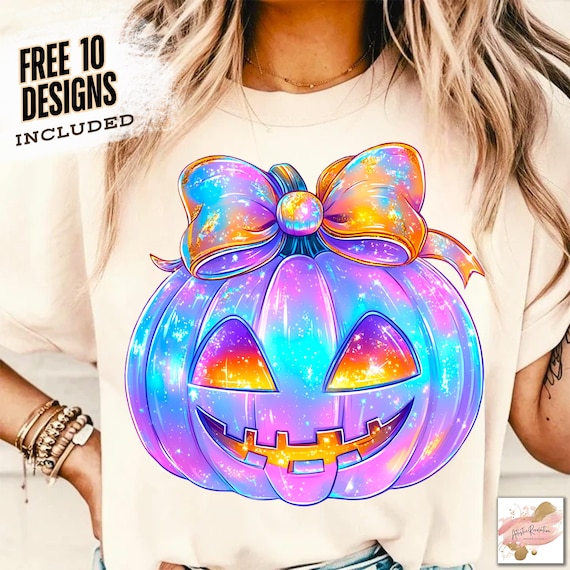 Neon Iridescent Halloween Pumpkin PNG Coquette Pumpkin Sublimation Design Cute Girly Spooky Pumpkin Shirt Neon Digital Download for Shirts