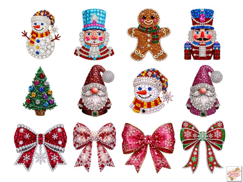 Puede incluir: Una colecci&oacute;n de broches y adornos de lazo con tem&aacute;tica navide&ntilde;a. Los dise&ntilde;os incluyen un mu&ntilde;eco de nieve, un cascanueces, un hombre de jengibre, un &aacute;rbol de Navidad, un Pap&aacute; Noel y lazos en rojo, blanco y verde, todos adornados con cristales.