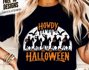 Howdy Halloween PNG, Cowgirl Cowboy reiten, lustiges Halloween PNG, lustiges Cowgirl Halloween Shirt Design, gruselige niedliche westliche Halloween Clipart