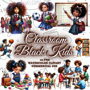 Pacchetto Clipart Ritorno a Scuola Acquerello, Insegnante Nero PNG, Clipart Ragazze Nere, Clipart Ragazzi Neri, Clipart Bambini Neri, Clipart Aula