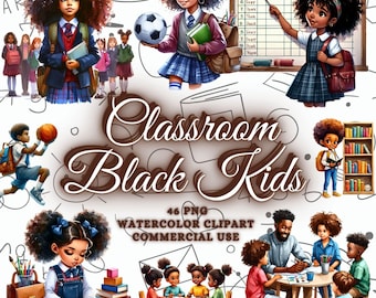 Watercolor Back To School Clipart Bundle, Black Teacher Png, Black Girls Clipart, Black Boys Clipart, Black Kids Clipart, Classroom Clipart