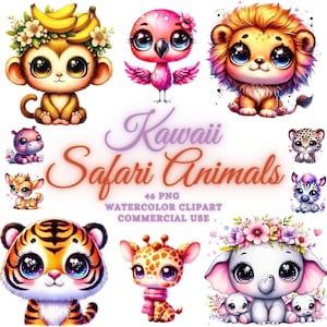 May include: A set of 46 digital illustrations of cute, cartoon safari animals. The animals are drawn in a watercolor style and have large, expressive eyes. The set includes a monkey, lion, flamingo, giraffe, elephant, zebra, hippopotamus, and deer. The illustrations are perfect for use in scrapbooking, card making, invitations, and other creative projects.