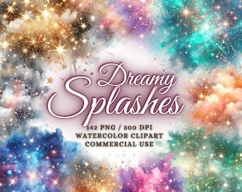 142 Dreamy Watercolor Splashes Clipart Bundle, Watercolor Splash Png, Watercolor Splatter Clipart Bundle Watercolor Splatter Png Texture Png