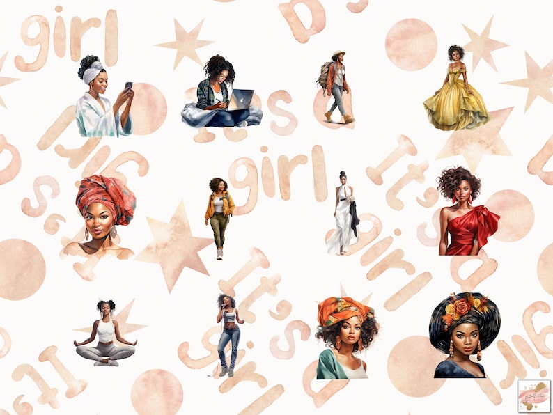 May include: Watercolor illustrations of diverse women in various poses and outfits, set against a cream background with the words "girl" and star shapes. The women are depicted in casual and formal attire, using a phone, laptop, and wearing head wraps.