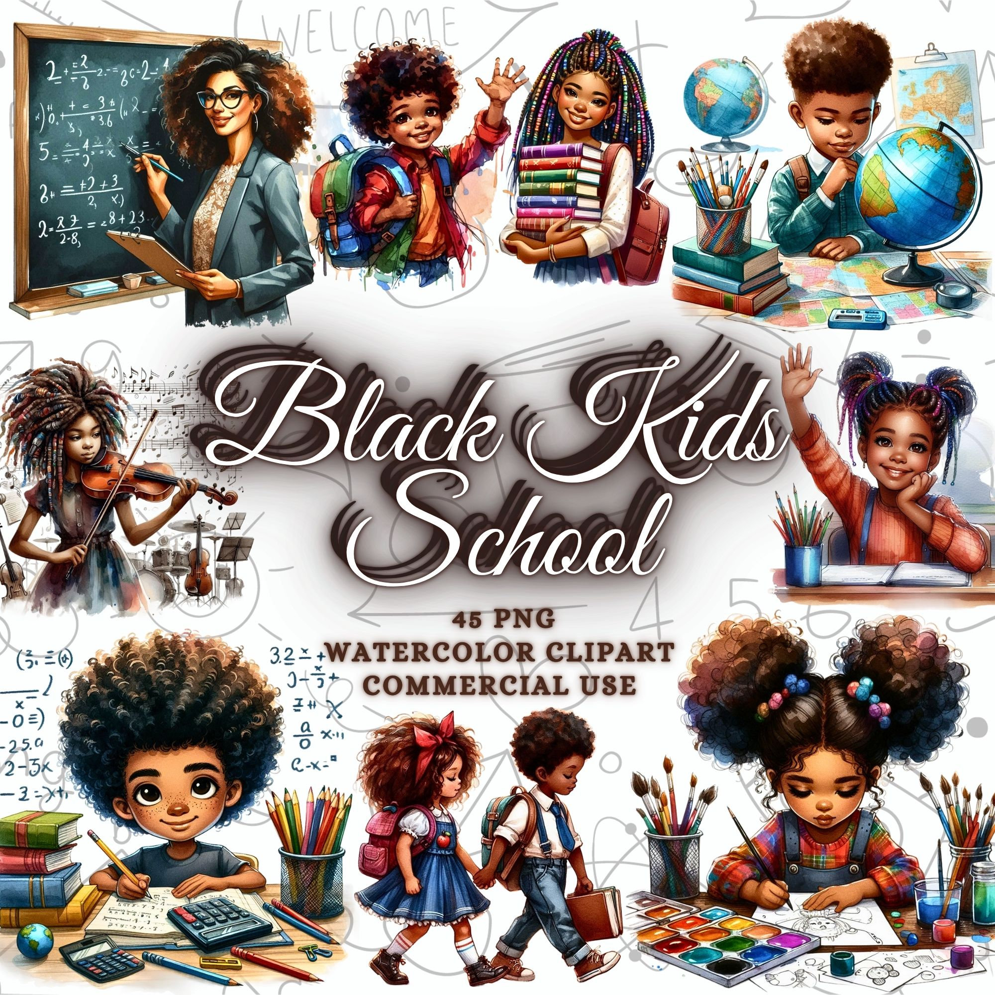 Watercolor Back To School Clipart Bundle, Black Teacher Png, Black Girls Clipart, Black Boys Clipart, Black Kids Clipart, Afro American Kids