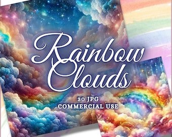 Peut inclure: Un collage numérique de 30 nuages arc-en-ciel avec des étoiles et un arc-en-ciel. Le texte "Rainbow Clouds" et "30 JPG Commercial Use" est inclus dans l'image.