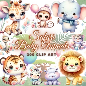 200 aquarel baby safari dieren clipart bundel, aquarel schattige safari dieren clipart, schattige dieren safari PNG jungle dieren clipart PNG