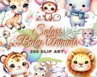 200 Watercolor Baby Safari Animals Clipart Bundle, Watercolor Cute Safari Animals Clipart, Cute Animal Safari Png Jungle Animals Clipart Png
