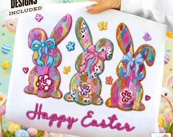 Faux Yarn Happy Easter Png, Crochet Latch Hook Easter Bunny Png, Coquette Bow Bunny Png, Preppy Easter Png, Faux Embroidery Easter Png