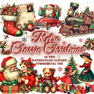 Pacchetto PNG di Natale classico ad acquerello, pacchetto clipart di Natale retrò, Png di Natale vintage, decorazioni antiche, Natale retrò, Natale tradizionale