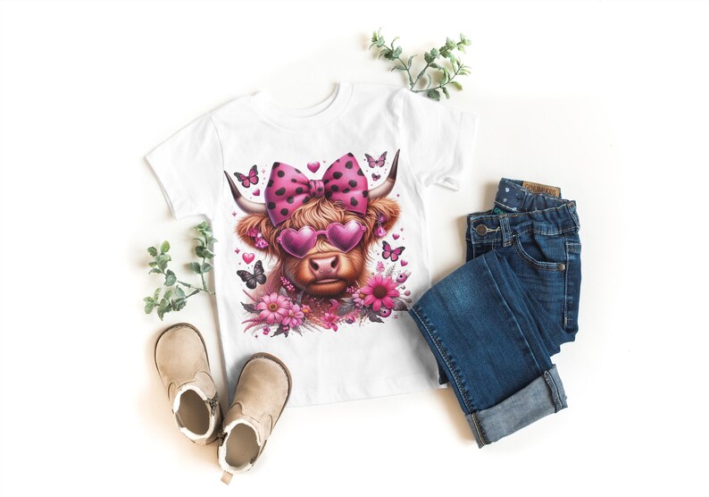 May include: White t-shirt with a pink and white cow wearing pink heart-shaped sunglasses and a pink polka dot bow. The cow is surrounded by pink flowers and butterflies.