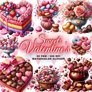 50 Valentines Day Clipart Bundle Watercolor Sweets Clipart PNG, Chocolate Clipart, Desserts PNG Clipart, Heart Candy Clipart Commercial Use