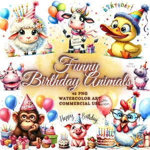 Watercolor Whimsical Party Animals Funny Birthday Clipart Bundle Quirky Birthday Animals Png Cute Funny Birthday Sublimation Png Designs