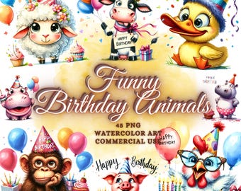 Watercolor Whimsical Party Animals Funny Birthday Clipart Bundle Quirky Birthday Animals Png Cute Funny Birthday Sublimation Png Designs