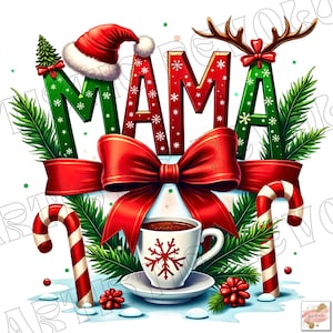 Christmas Mama Coquette Png, Mama Claus png, Christmas Tree png, Christmas coquette bow png, Doodles Xmas, Candy Cane Santa Hat Hot Cocoa