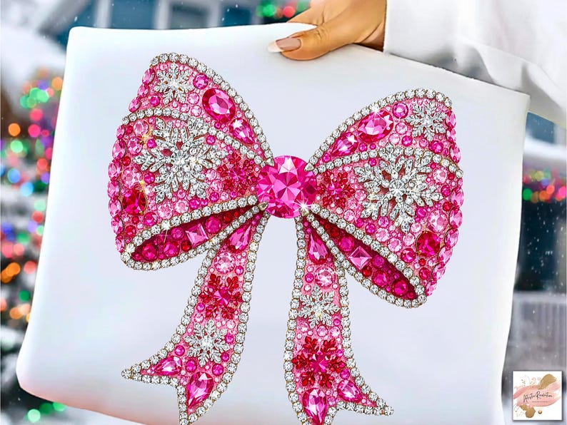 Puede incluir: Un gran lazo rosa decorativo con una joya central y detalles de copo de nieve. El lazo est&aacute; adornado con numerosos cristales rosas y transparentes, creando un efecto brillante. El lazo se sostiene sobre un fondo blanco.