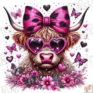 Vaca de las Highlands con lazo rosa PNG, Vaca coqueta PNG, Coqueta femenina PNG, Clipart de vaca linda de las Highlands, Vaca rosa, Lazo rosa, Diseño de sublimación de camiseta de vaca