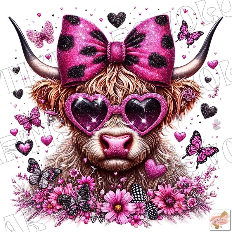 May include: A Highland cow with pink glitter heart-shaped sunglasses and a pink and black polka dot bow. The cow is surrounded by pink flowers and butterflies.