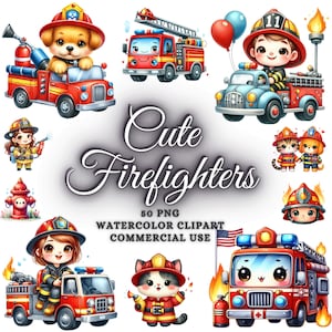 Lot de 50 cliparts mignons pompiers, aquarelle pompiers PNG, mignons pompiers, camion de pompier, bouche d'incendie, pompiers Png, clipart pompier