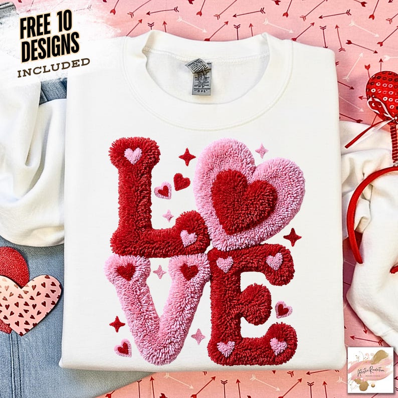 May include: White sweatshirt with the word "LOVE" embroidered in red and pink, featuring heart and star accents. The sweatshirt has a crew neck and the text "FREE 10 DESIGNS INCLUDED" is visible in the upper left corner.