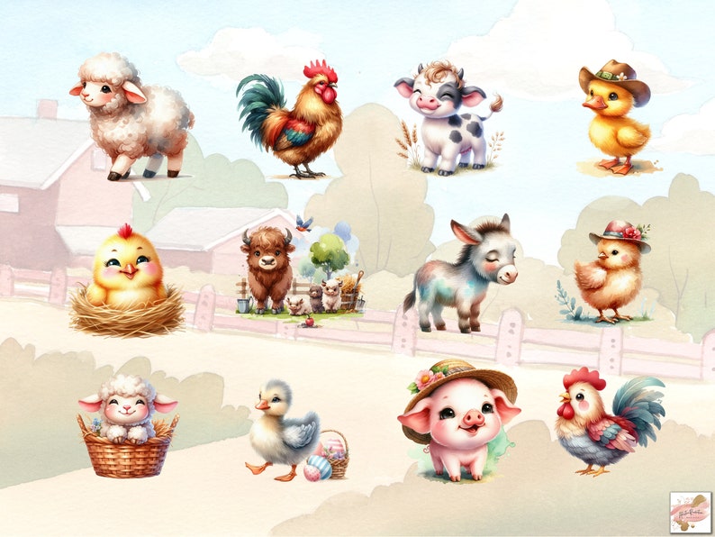 May include: A collection of cute cartoon farm animals, including a rooster, a cow, a sheep, a donkey, a pig, a duck, and a chick. The animals are all smiling and have bright, colorful features.