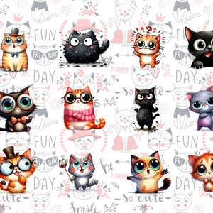 Pode incluir: Uma colagem digital de 12 gatos de desenho animado com diferentes express&otilde;es e acess&oacute;rios. Os gatos est&atilde;o em um fundo branco com flores rosa e as palavras "FUN", "FRI DAY", "DAY", "so cute", "happy", e "smile".