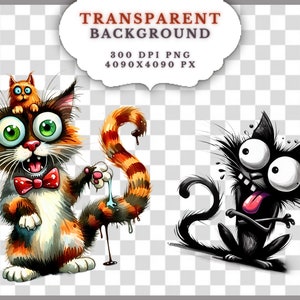 Pode incluir: Dois gatos de desenho animado com caracter&iacute;sticas exageradas. O gato laranja e branco tem um la&ccedil;o vermelho e um gato laranja menor na cabe&ccedil;a. O gato preto tem uma l&iacute;ngua longa para fora. Ambos os gatos t&ecirc;m olhos grandes e redondos.
