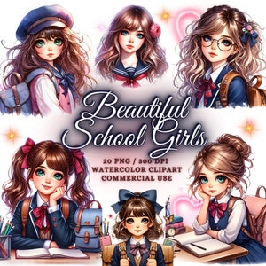 20 aquarel schoolmeisjes clipart bundel, schattig meisje clipart, student meisjes clipart PNG, mooi meisje clipart, school meisje PNG
