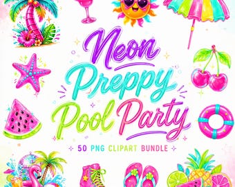 50 Preppy Neon Summer Clipart Bundle, Pink Summer Png Bundle, Neon Beach Party PNG, Neon Tropical Sublimation, Cute Summer Graphics