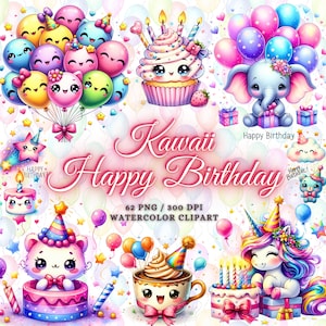 62 süße Kawaii Geburtstag Clipart Bundle, Kawaii Geburtstag Png, alles Gute zum Geburtstag Clipart Png, süße Kawaii Clipart Bundle, süße Kawaii Tiere Png