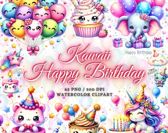 62 Cute Kawaii Birthday Clipart Bundle, Kawaii Birthday Png, Happy Birthday Clipart Png, Cute Kawaii Clipart Bundle, Cute Kawaii Animals Png