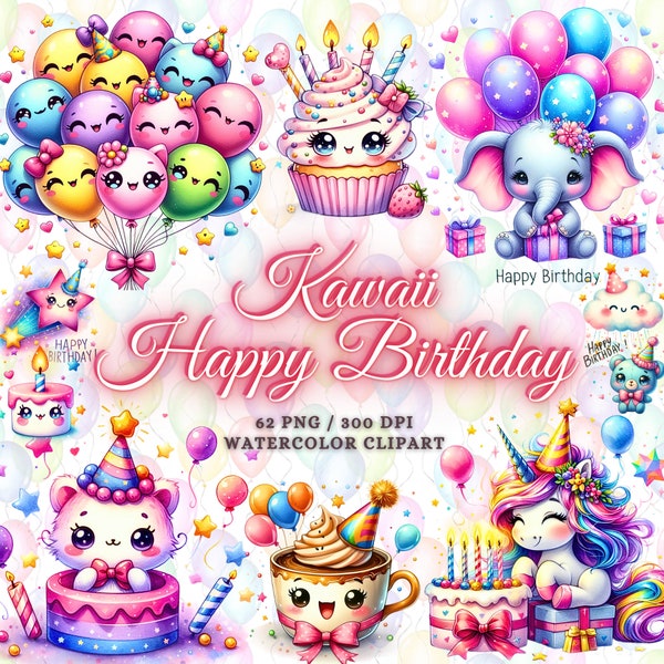 62 Cute Kawaii Birthday Clipart Bundle, Kawaii Birthday Png, Happy Birthday Clipart Png, Cute Kawaii Clipart Bundle, Cute Kawaii Animals Png