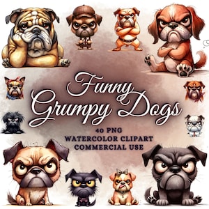 Funny Grumpy Dogs Clipart Bundle, Cute Funny Dog Png Bundle, Watercolor Dogs Clipart Png Angry Dogs Png Funny Dogs Sublimation Png Puppy Png