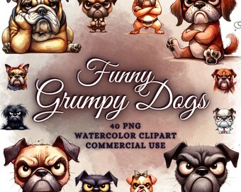 Funny Grumpy Dogs Clipart Bundle, Cute Funny Dog Png Bundle, Watercolor Dogs Clipart Png Angry Dogs Png Funny Dogs Sublimation Png Puppy Png