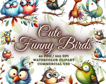 Paquete de 60 imágenes prediseñadas de pájaros lindos y divertidos, paquete de PNG de pájaros lindos y divertidos, imágenes prediseñadas de pájaros en acuarela en formato PNG, PNG de sublimación de pájaros divertidos, PNG de animales divertidos