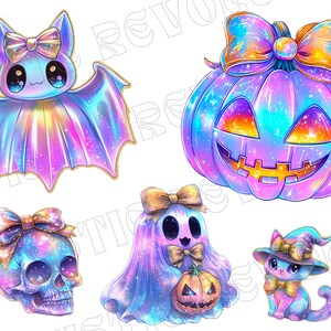Puede incluir: Ilustraciones hologr&aacute;ficas con tem&aacute;tica de Halloween. Incluye un murci&eacute;lago, una calabaza, una calavera, un fantasma con una calabaza y un gato con un sombrero de bruja. Cada personaje tiene un lazo y est&aacute; representado en colores vibrantes.
