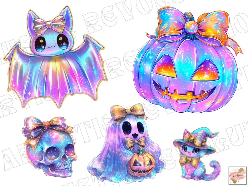 Puede incluir: Ilustraciones hologr&aacute;ficas con tem&aacute;tica de Halloween. Incluye un murci&eacute;lago, una calabaza, una calavera, un fantasma con una calabaza y un gato con un sombrero de bruja. Cada personaje tiene un lazo y est&aacute; representado en colores vibrantes.