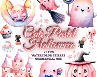47 Cute Halloween Clipart, Pink Pastel Watercolor Ghost, Pumpkin, Cat, Spider, Bat, Girly Halloween Png, Cauldron, Candy, Bow Commercial Use