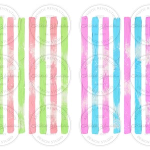 May include: Two sets of abstract art prints with vertical brushstrokes. One set features pink, green, and white stripes. The other set showcases pink, blue, and white stripes. Each print has a circular logo with text.