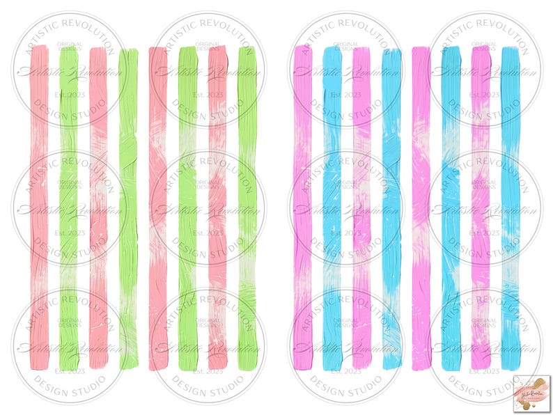 May include: Two sets of abstract art prints with vertical brushstrokes. One set features pink, green, and white stripes. The other set showcases pink, blue, and white stripes. Each print has a circular logo with text.