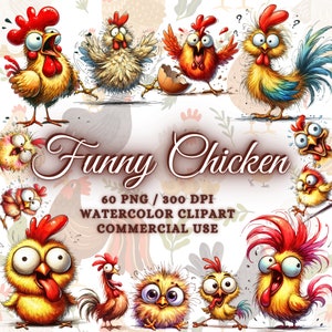 60 acuarela divertido lindo pollo clipart paquete, pollo divertido png sublimación, pollo acuarela, imágenes prediseñadas de pollo bebé, pollito clipart png